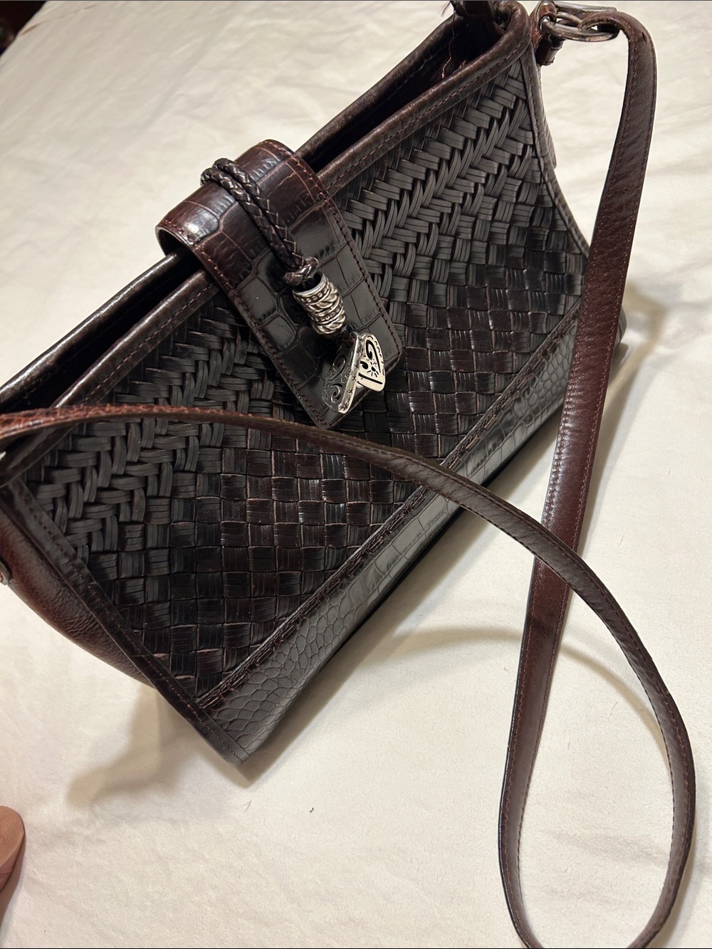 Brighton Woven Leather Shoulder Bag in Dark Brown